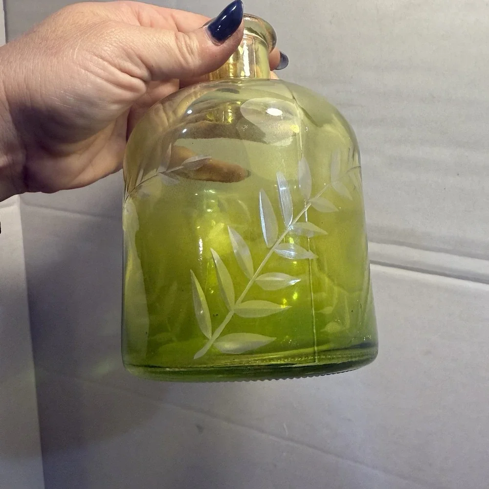 Green Glass Vase With Leaf Etching‎ Stunning